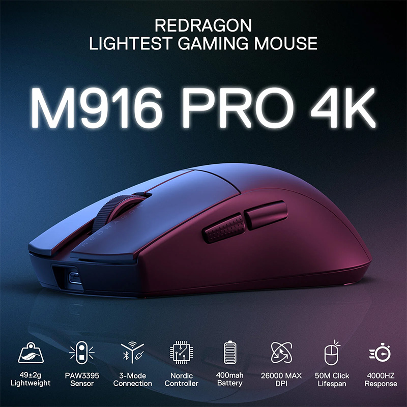 موس گیمینگ ردراگون مدل M916 PRO 4K 5 موس بی سیم گیمینگ ردراگون M916 PRO 4K Black